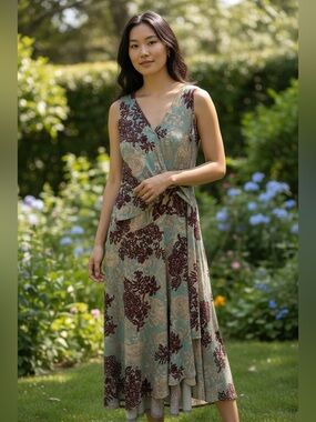 Jones New York Sleeveless Wrap Maxi Dress in Teal, Burgundy and Cream